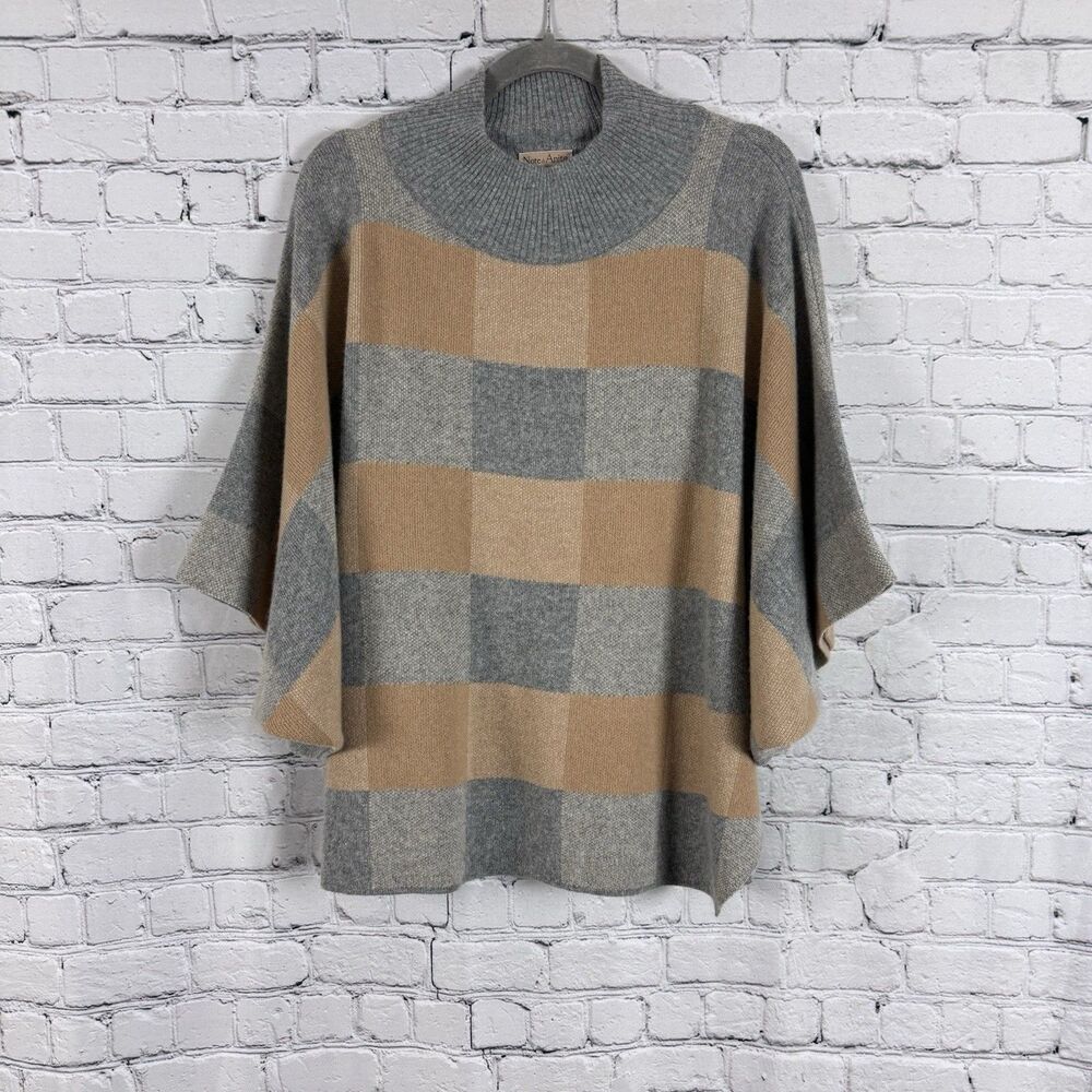 Note di Anita Plaid Poncho Sweater One Size Gray Beige Merino Wool Cashmere Cozy